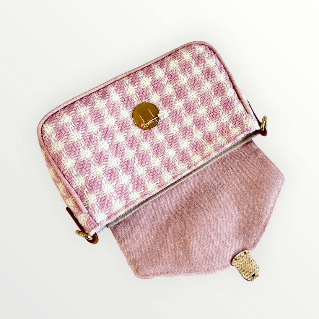 Pink Houndstooth Tweed Bag