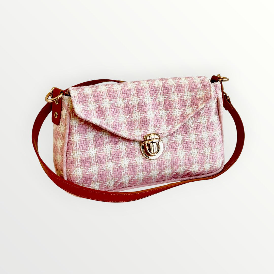 Pink Houndstooth Tweed Bag